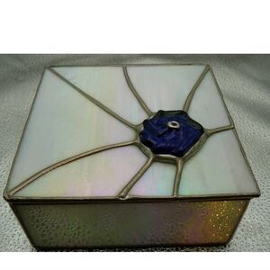 Vintage Square Stained Glass Jewelry Trinket Box Blue Flower Signed